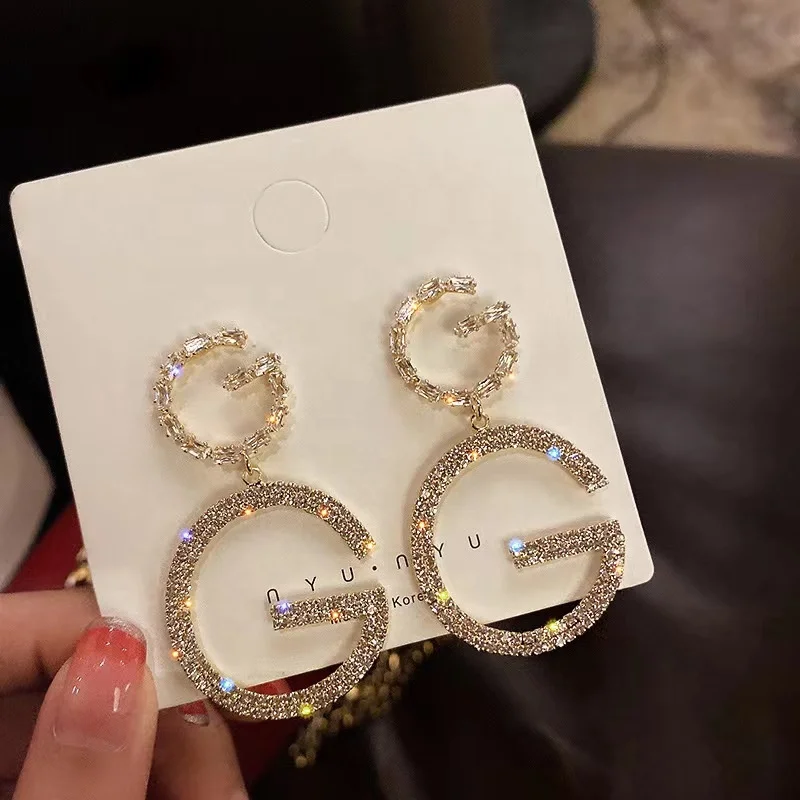 Latest Catalog Double G Famous Brand Designer Earring Long Gold Earrings Letter C B F G U Crystal Rhinestone Hoop Earrings