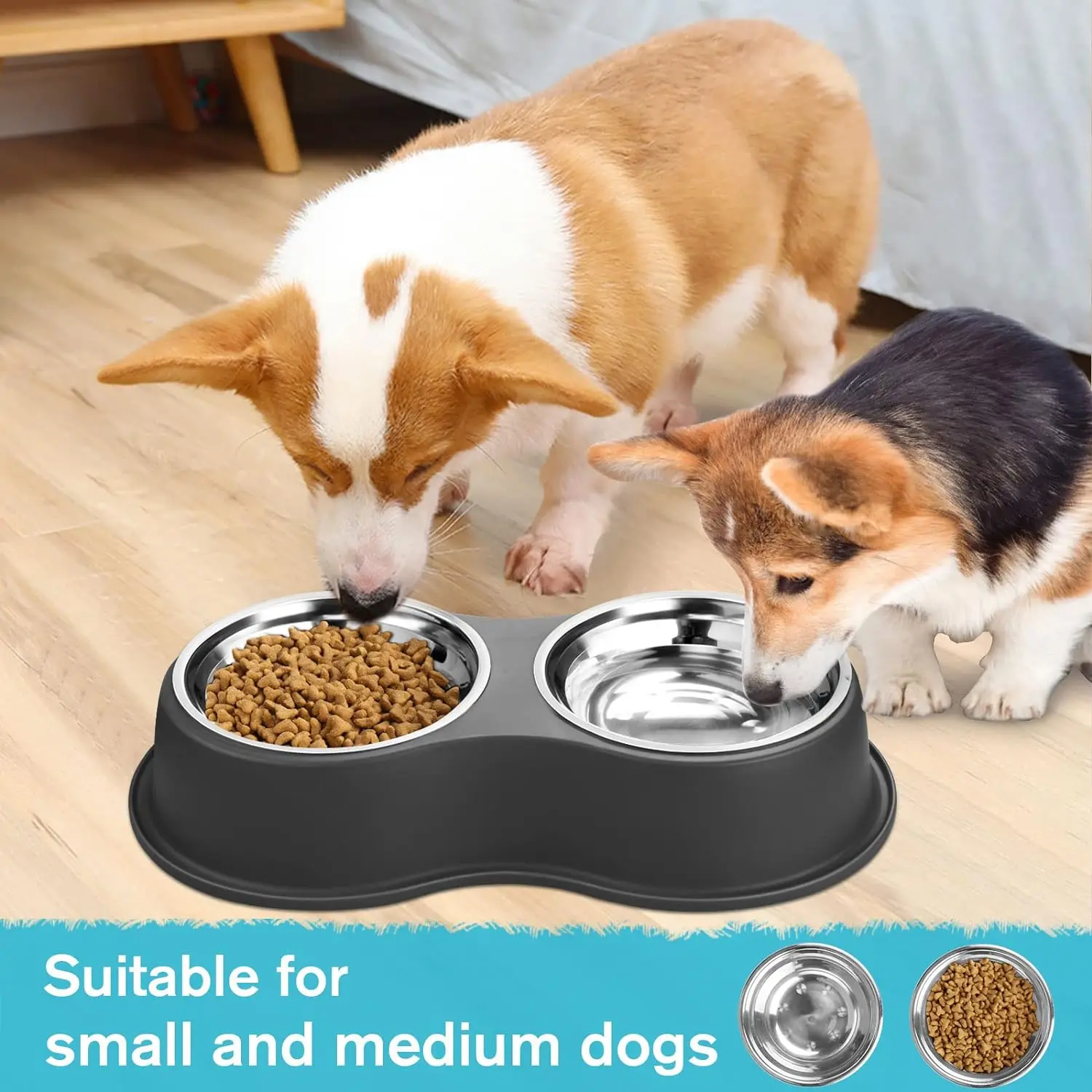 Stainless Steel Dog Bowls Double Dog Water and Food Bowls with Non-Slip Resin Station Pet Feeder Bowls Puppy Medium Dogs Cats