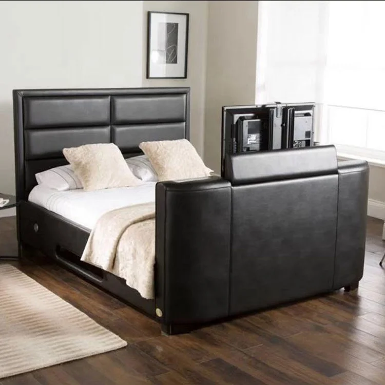 modern velvet leather under bed with crystal headboard remote tv lift european design bedroom furniture luxury bed with tv