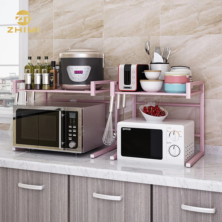 Kitchen Microwave Oven Stand Shelves Pink Extendable Metal Iron Storage Rack Shelf