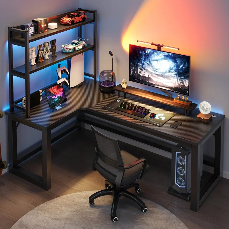 2024 YOUTAI newest L shape gaming tables with shelf carbon fiber MDF computer standing desk for home I shape desk
