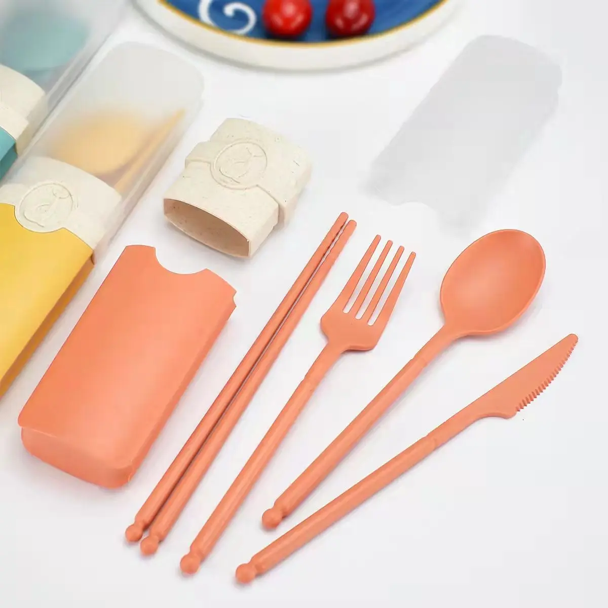 Hot Sale Wheat Straw Travel Camping Spoons Knives Forks Set Tableware Biodegradable Plates And Cutlery