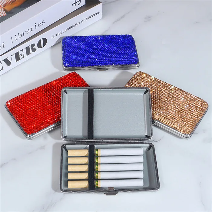 Luxury Bling Glitter Crystal Rhinestone Diamond studded Portable bar stainless 20pcs cigarette storage box case with tight strap
