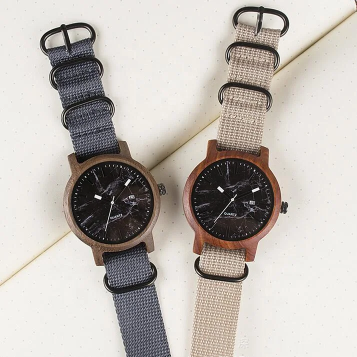 Stylish Mens Stone Marble Wood Watches Comprar Nylon Strap Quartz Wristwatch Bulk Wholesale
