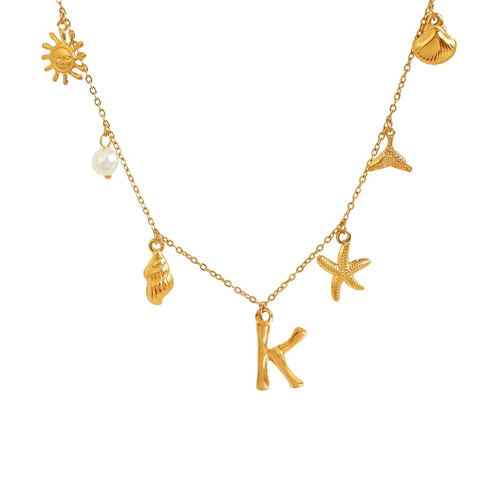Wholesale Stainless Steel 26 letter Pearl Shell Necklace For Woman