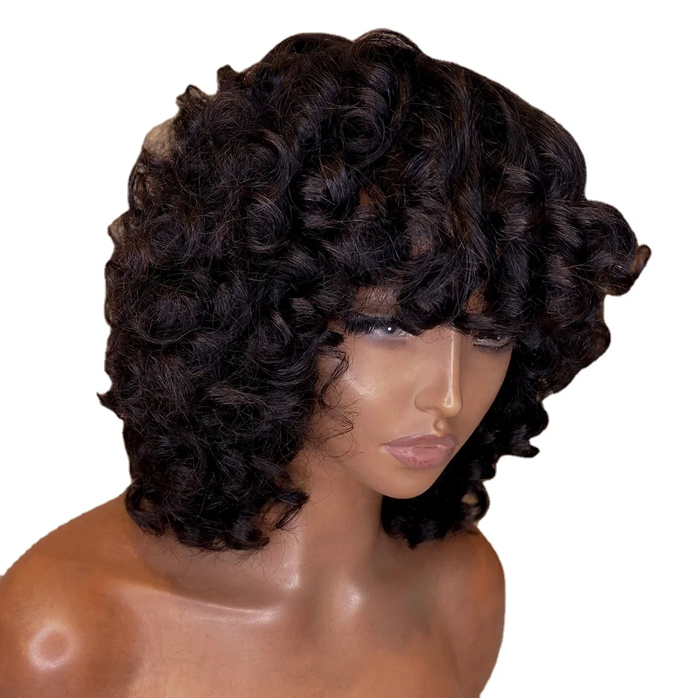 Divaswigs Fluffy Bouncy Curly Human Hair Wigs with Bangs Glueless Peruvian Remy Funmi Curls Short  Bob pixie  Wigs for Women