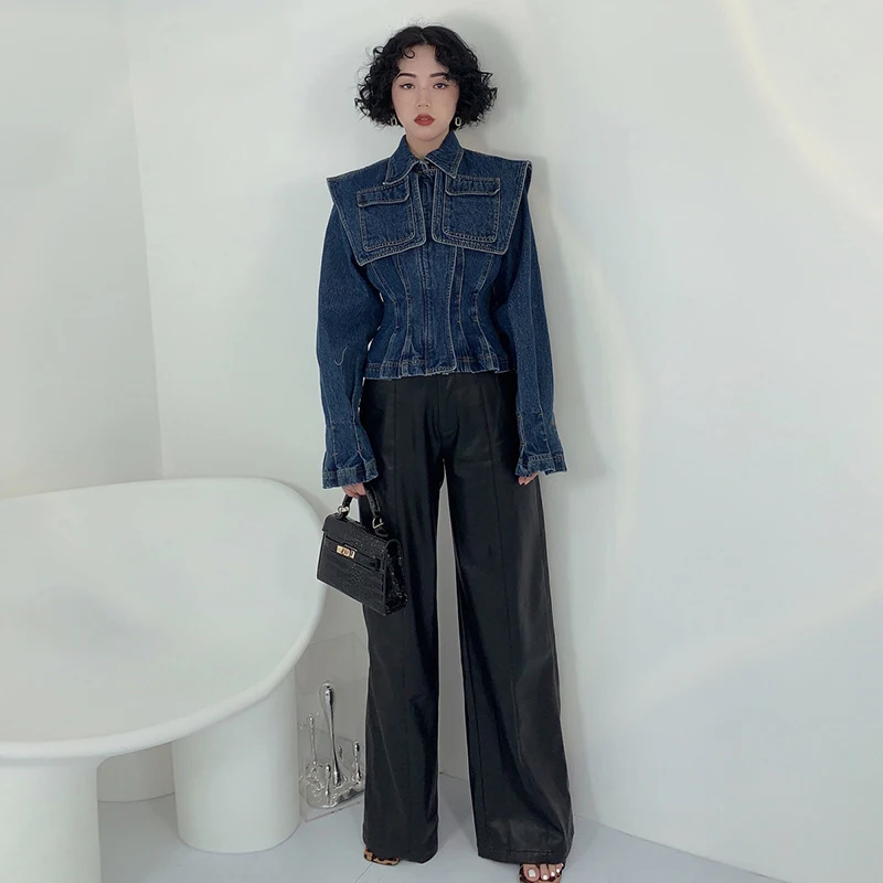 TWOTWINSTYLE Blue Lapel Long Sleeve Slim Short Tops Pockets Cropped Denim Jacket Women