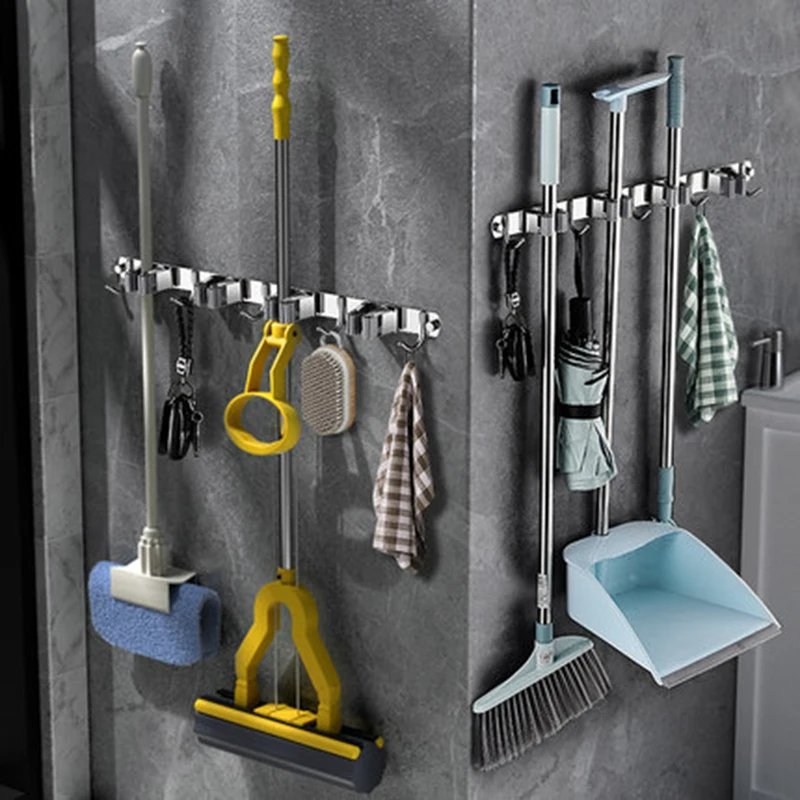  Hot Sale Free Installation Bathroom Broom Holder Multi-purpose Mop Wall Stainless