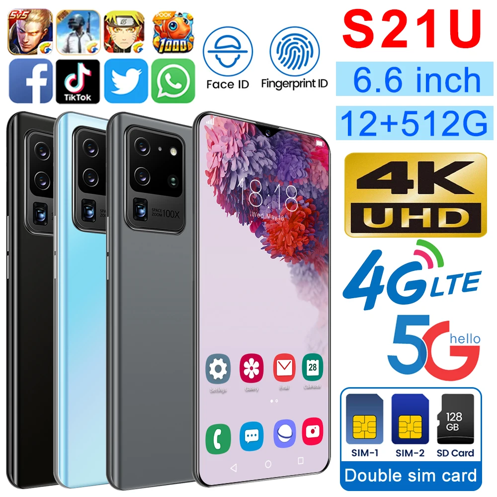 Сделано в Китае S21u смартфон с сенсорным экраном 6 дюйма 12 + 512 ГБ мобильные телефоны Deca Core размер экрана Face ID Android 4g High-end мобильного