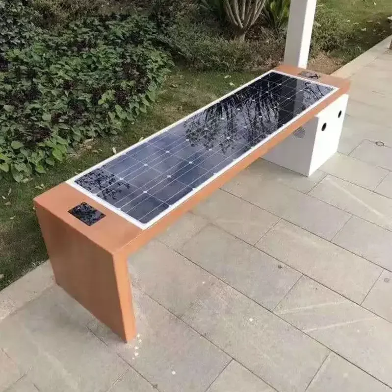 Smart bench energized by solar power with WIFI Bluetooth speaker, Wireless & USB charging, LED strip light and body Induction