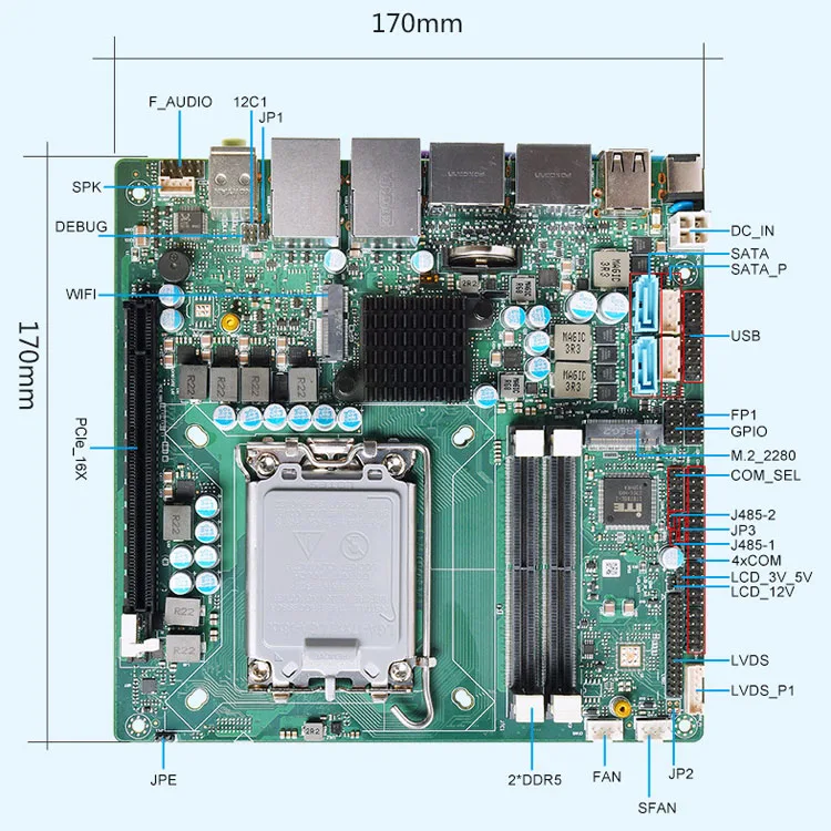 Mini ITX Industrial Mainboard Core 12/13th generation H610 Q670 dual network LVDS for Industrial Automation Digital Signage etc