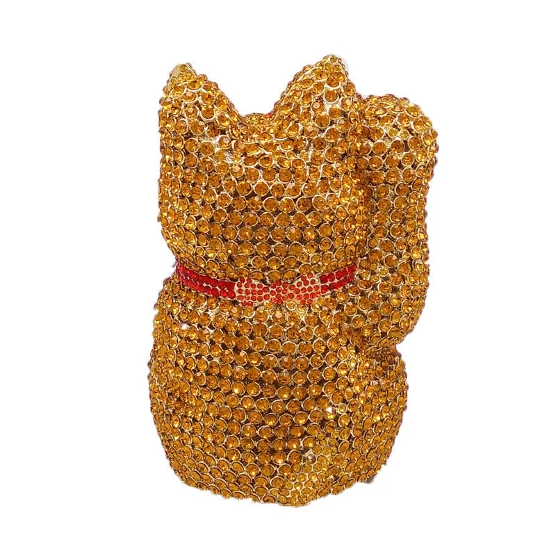 New Design Good Quality Wedding Bridal Sparkle 3D Cat Animal Clutch Bags Hardcase Full Crystal Bag Rhinestone HandBag