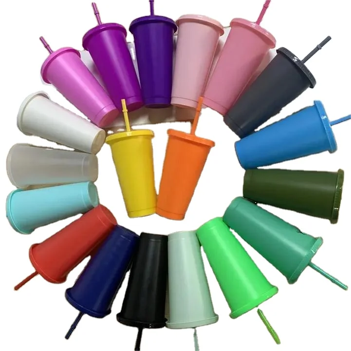 24oz Reusable Plastic Cup with Lid & Straw Colorful Bulk Party Cup Cold Drink Travel Tumbler for Iced Beverage