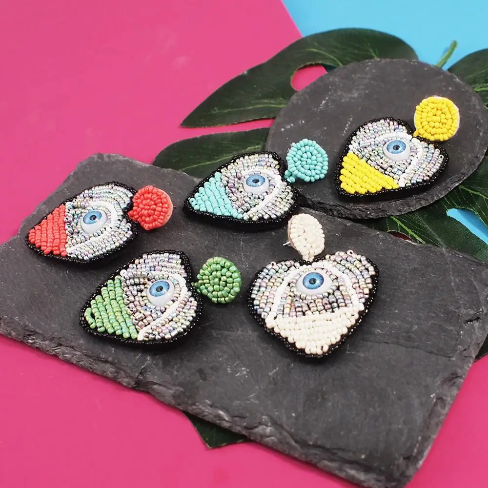 HANSIDON Trendy Statement Resin Heart Earrings Women Hot New Fashion Jewelry Devi Eye Design Drop Dangle Plastic Beaded