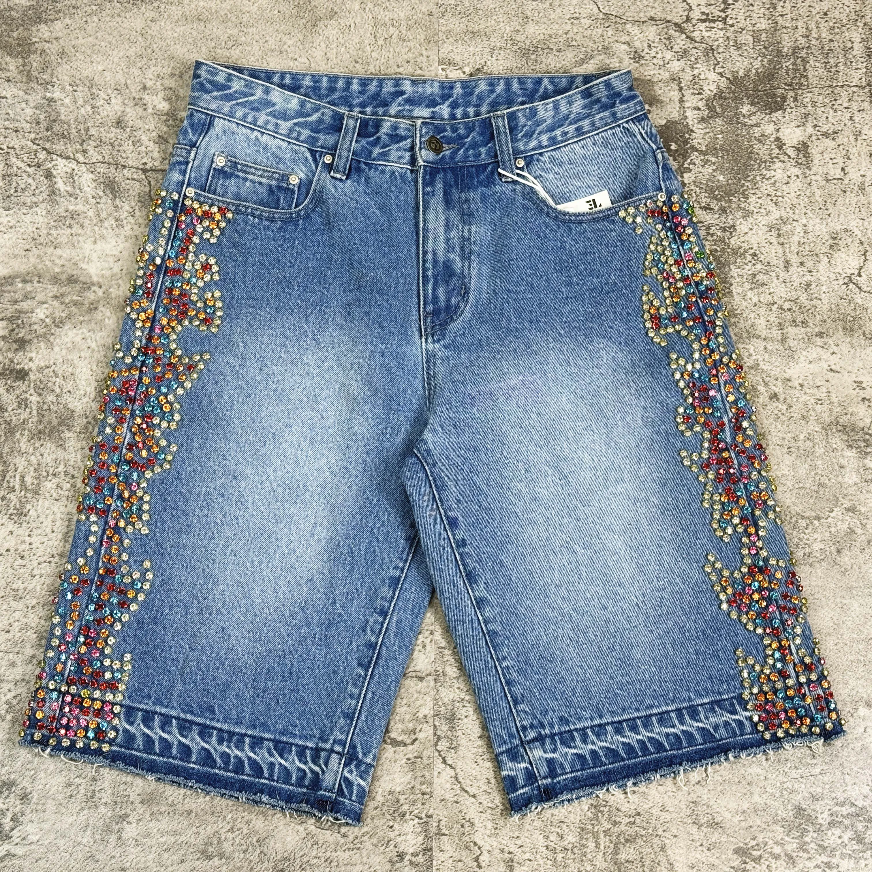 LARSUR Custom factory SS25 Distress Wash Raw Edges Jeans Denim Shorts Baggy Gem Jewelry Studs Rivet Rhinestone Jorts Streetwear