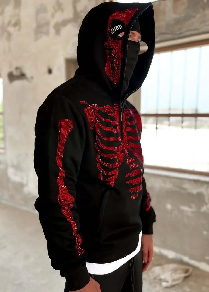 Custom OEM Y2K Hoodie Sweatshirts For Men Loose Skull Hot Drill Printing Long-sleeved Hooded Sweatshirt Pullover Jacket Male
