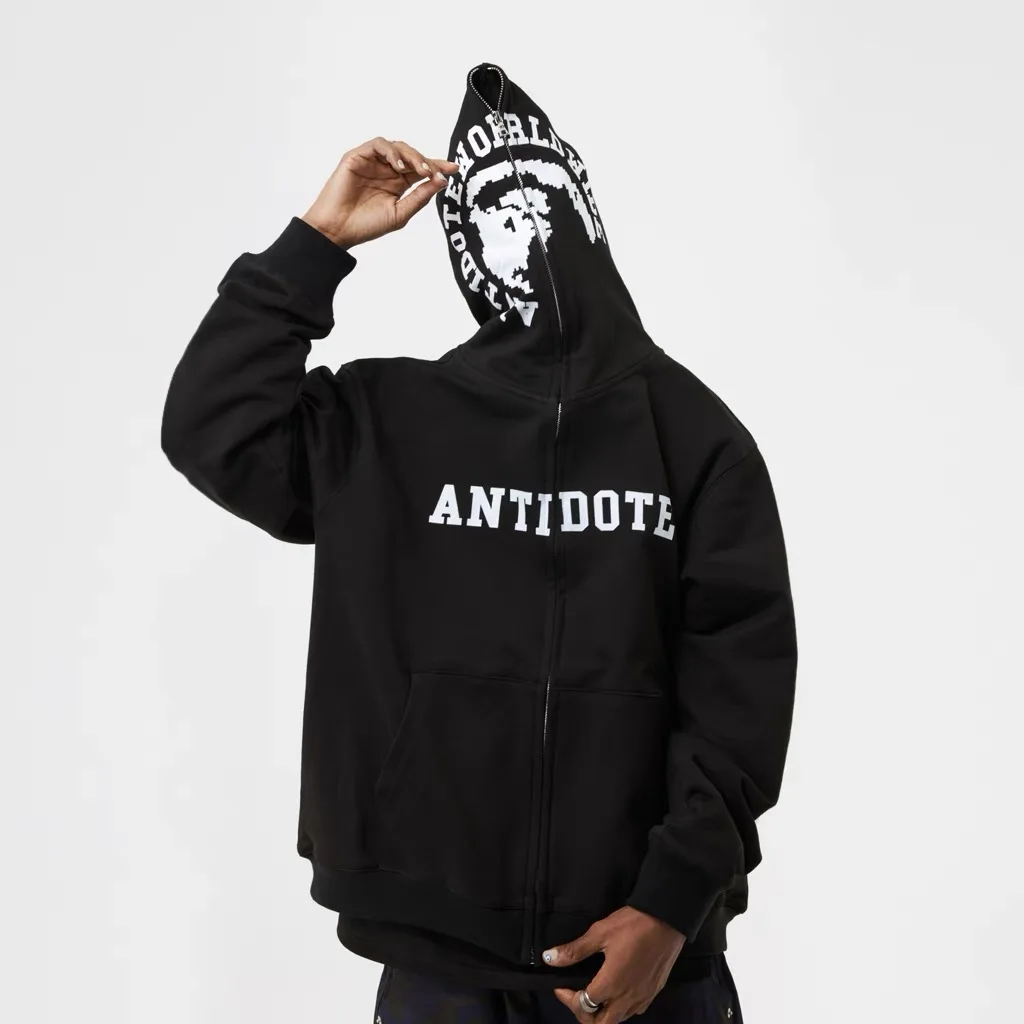 High quality screen printing black 100% cotton french terry heavyweight custom zip up full face hoodie