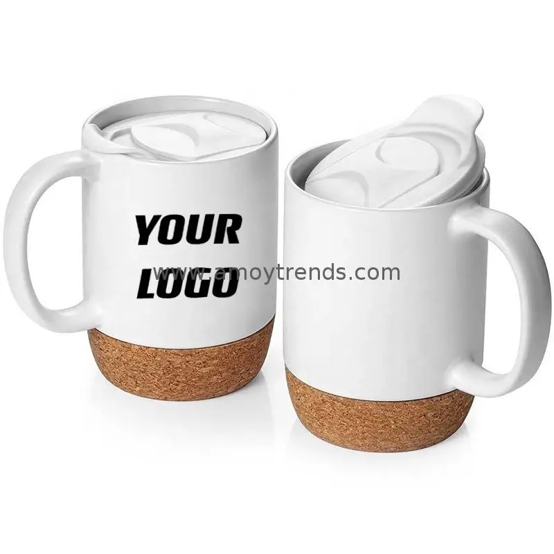 XT Eco- Friendly Blank White Reusable Wholesale Ceramic Mugs Cork Bottom Ceramic Coffee Mug Cup with Lid