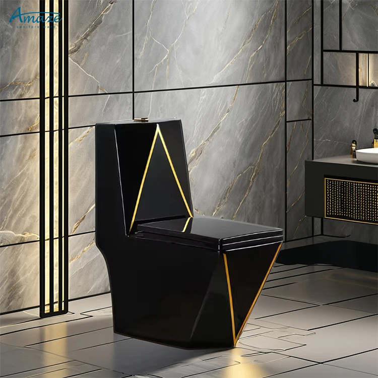 Luxury bathroom sanitary ware ceramic toilet color set black with gold line commode one piece toilet