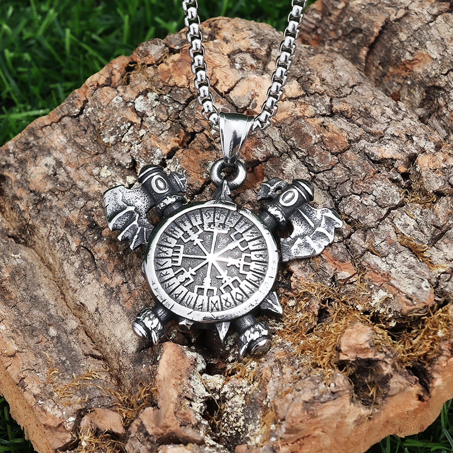Stainless Steel Norse Viking Celtic Axe Compass Pendant Necklace Stainless Steel Vintage Amulet Viking Jewelry for Men