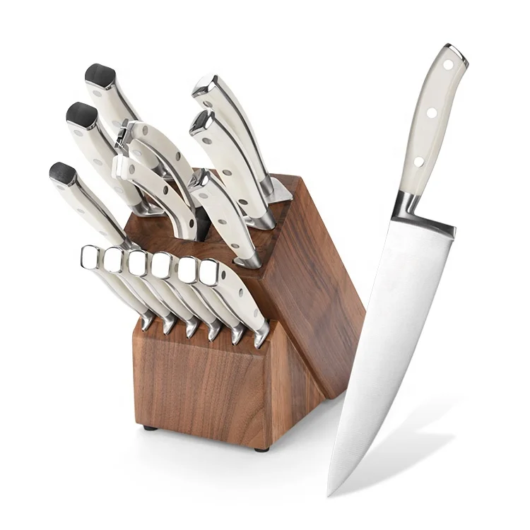 14 Pieces White ABS Handle Stainless Steel X50Cr15 Kitchen Knife Set With Acacia Wood Knife Block