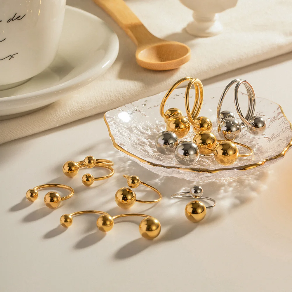 Geometric Waterproof and Tarnish Free 18K Gold Plated Stainless Steel Ball Ring Luxury Jewelry Cross Ball Open Ring for Gift