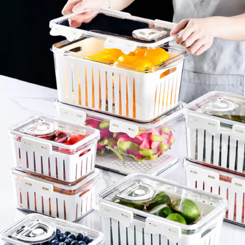 OWNSWING PET Refrigerator Food Container For Fruit Plastic Food Storage Box With Drain Basket Fridge Storage Bin With Timer