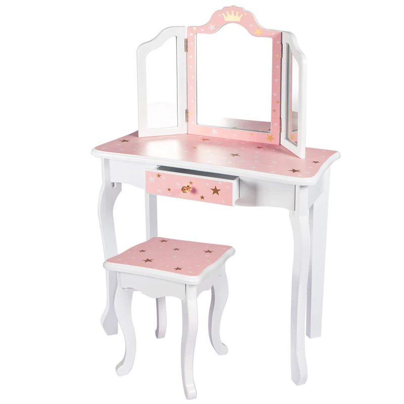 Kids Vanity Table and Chair Set Girls Vanity Set with Mirror and Stool LOW MOQ Kids Dressing Table Set For Wholesale