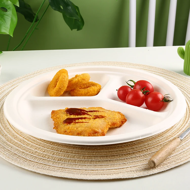 Биоразлагаемая бумажная тарелка из жома экопак 3 отсека сахарный тростник круглая 10 дюймов три части