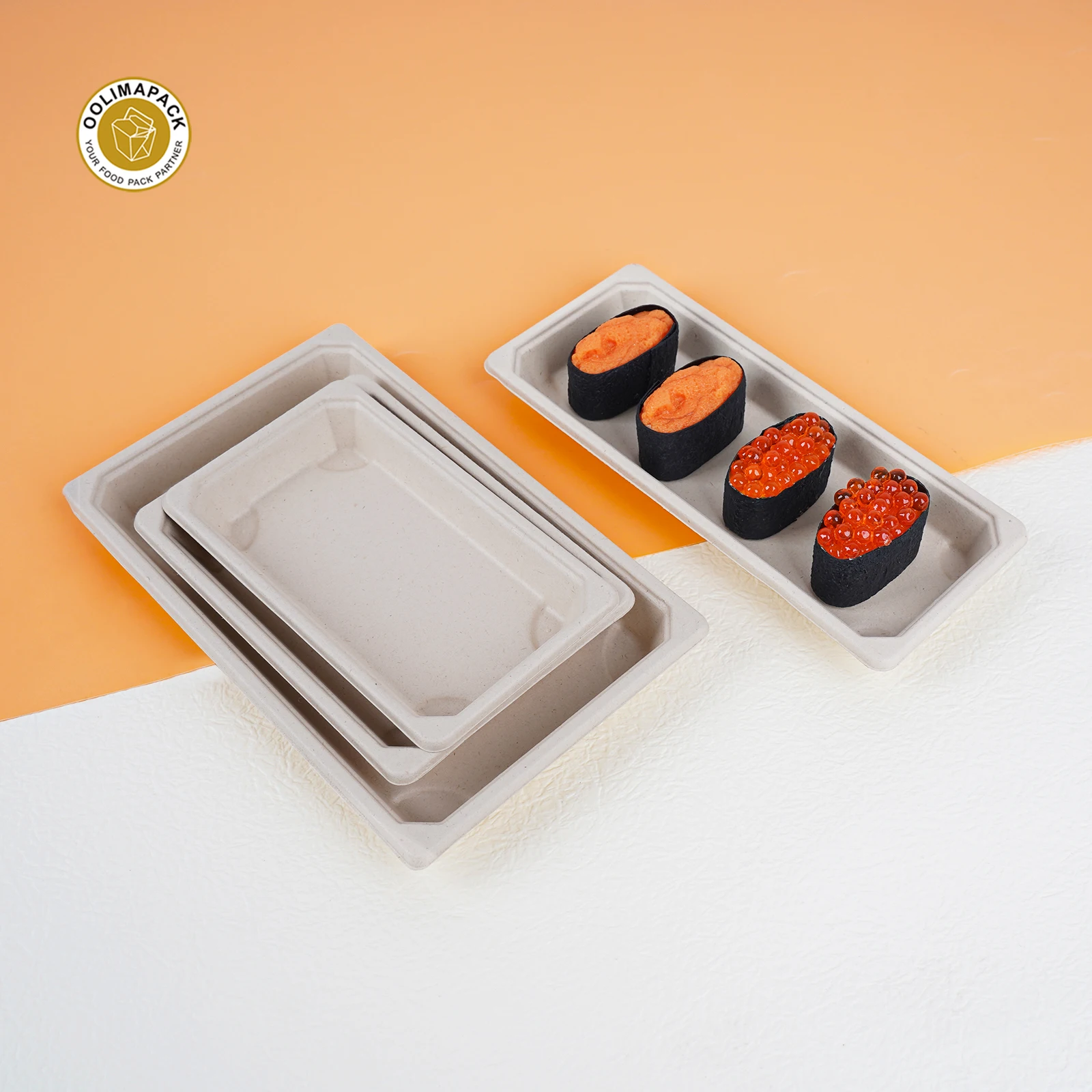 OOLIMA Disposable Bagasse Sugarcane Sushi Plate Food Container Kraft Sushi Rice Box Packaging
