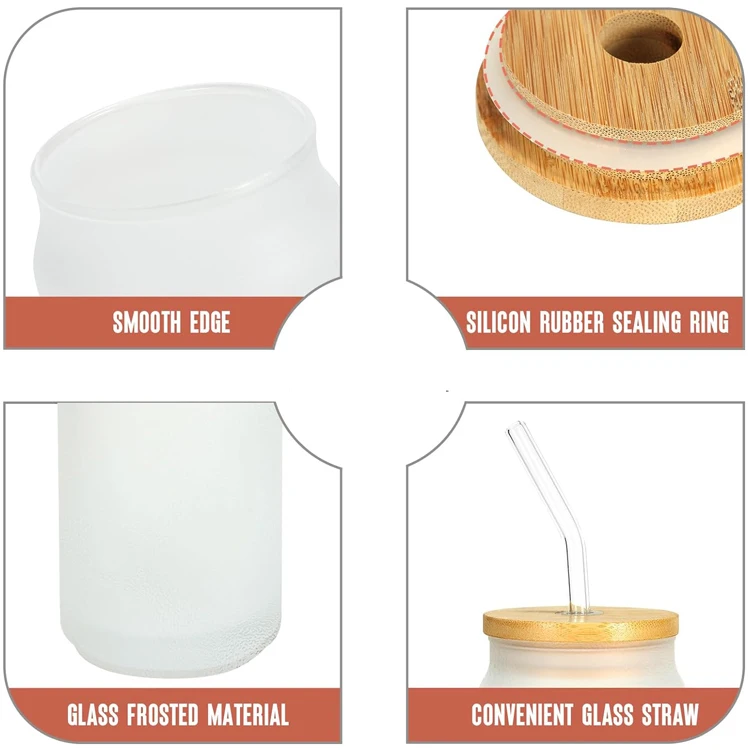 12oz 16oz clear frosted borosilicate glass beer can cup with bamboo lid and straw
