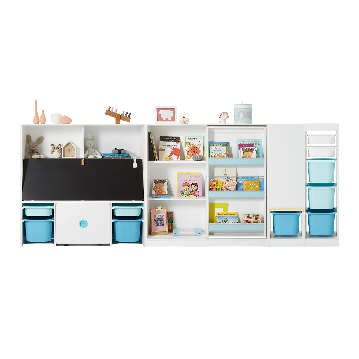 
2M2KIDS Wood Cubbies Multifunction Kids Book Shelf with Blackboard Children Cabinet with Large Storage Area 
