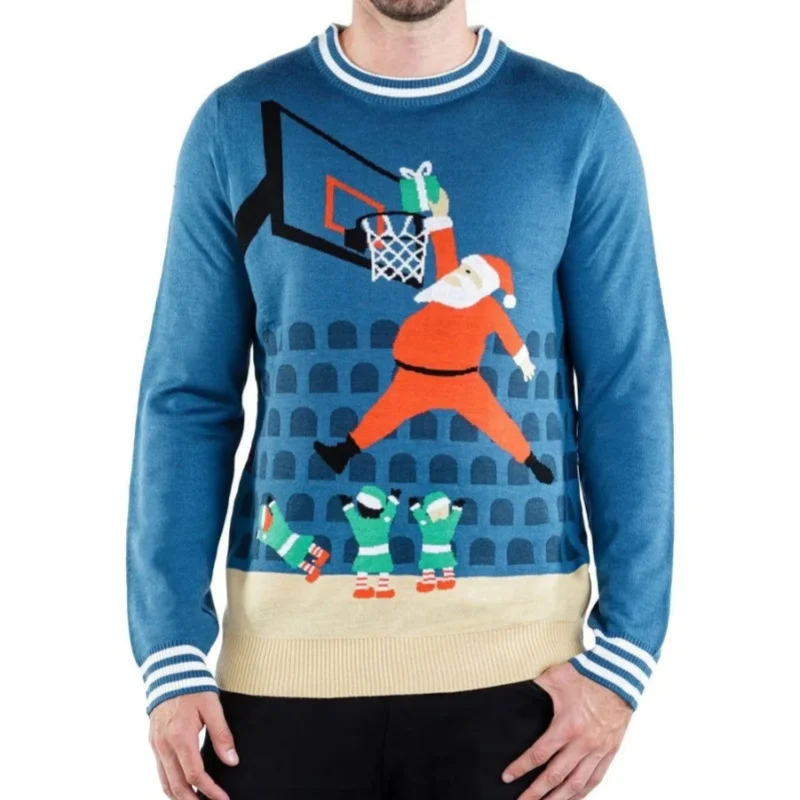 Wholesale Custom Soft Cotton Blend Basketball Knit Ugly Christmas Sweater Holiday Funny Xmas Gift Knitwear Man Sports Pullover