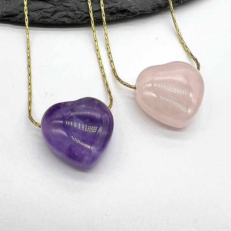 Wholesale Natural Crystal Healing Stone Carved Rose Quartz Amethyst Heart Pendant Crafts Ornament Crystal Love Pendant For Gifts