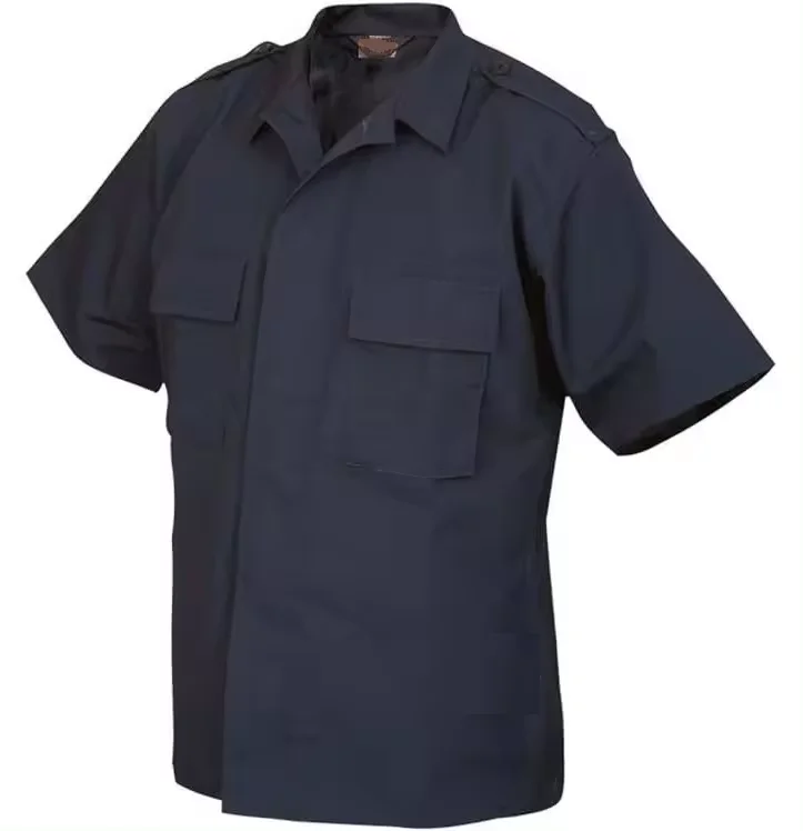 Custom design security guard uniform short sleeves cotton polyester light blue black work khaki shirt with chest pockets for men