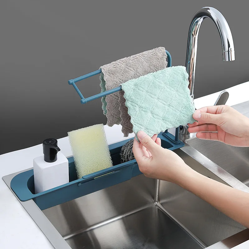 Kitchen Shelf Soap Sponge Draining Folding Telescopic Collapsible Faucet Plastic Sink Drain Basket