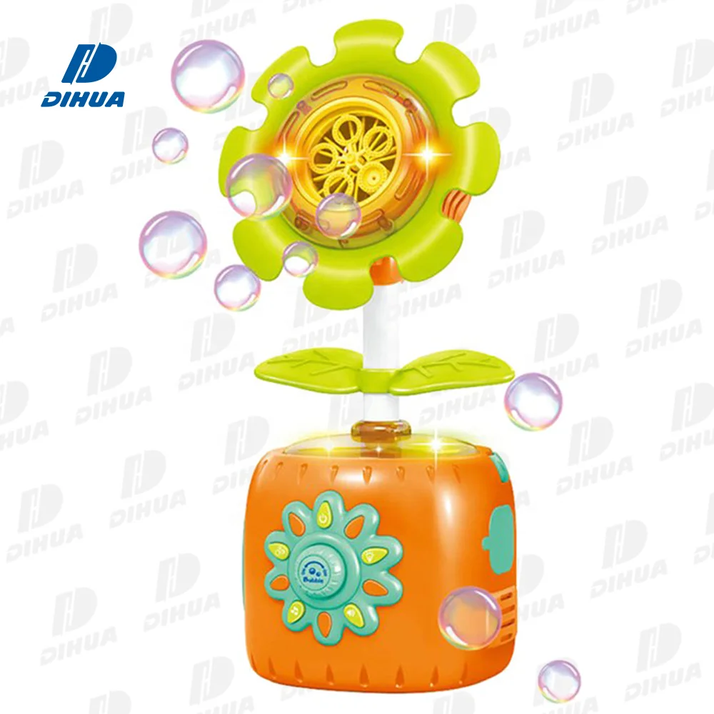 Kids Electric Bubble Maker Blow Plastic Bubble Toy Sunflower Shape Colorful Light Music Bubble Machine with Refill Solution 40ml