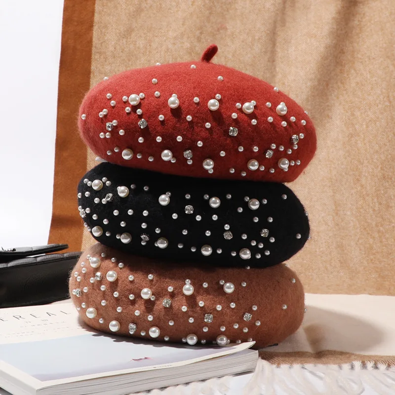 knitted hat Fashion Winter Women Girl Warm Knit Thicken Wool Cashmere Beret Woolen Knitted Hat Beanie Rhinestone Pearl Beret