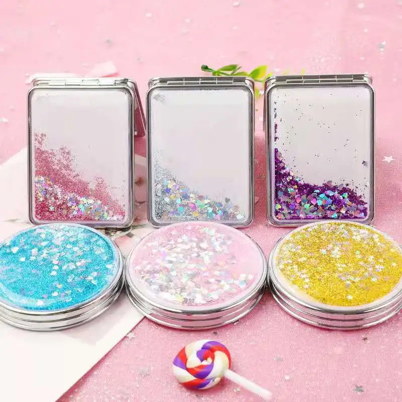 Custom Logo Mini Small Quicksand Mirror 5 Colors Round Square Glitter Pocket Makeup Mirror