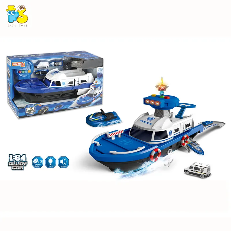 Kids Cartoon Light Music Toy Role Play Police Electric Boat 1:64 Alloy Slide Ship