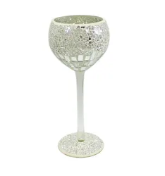 Silvery Mosaic Crackle Mirrored Glass Goblet Candle Holder