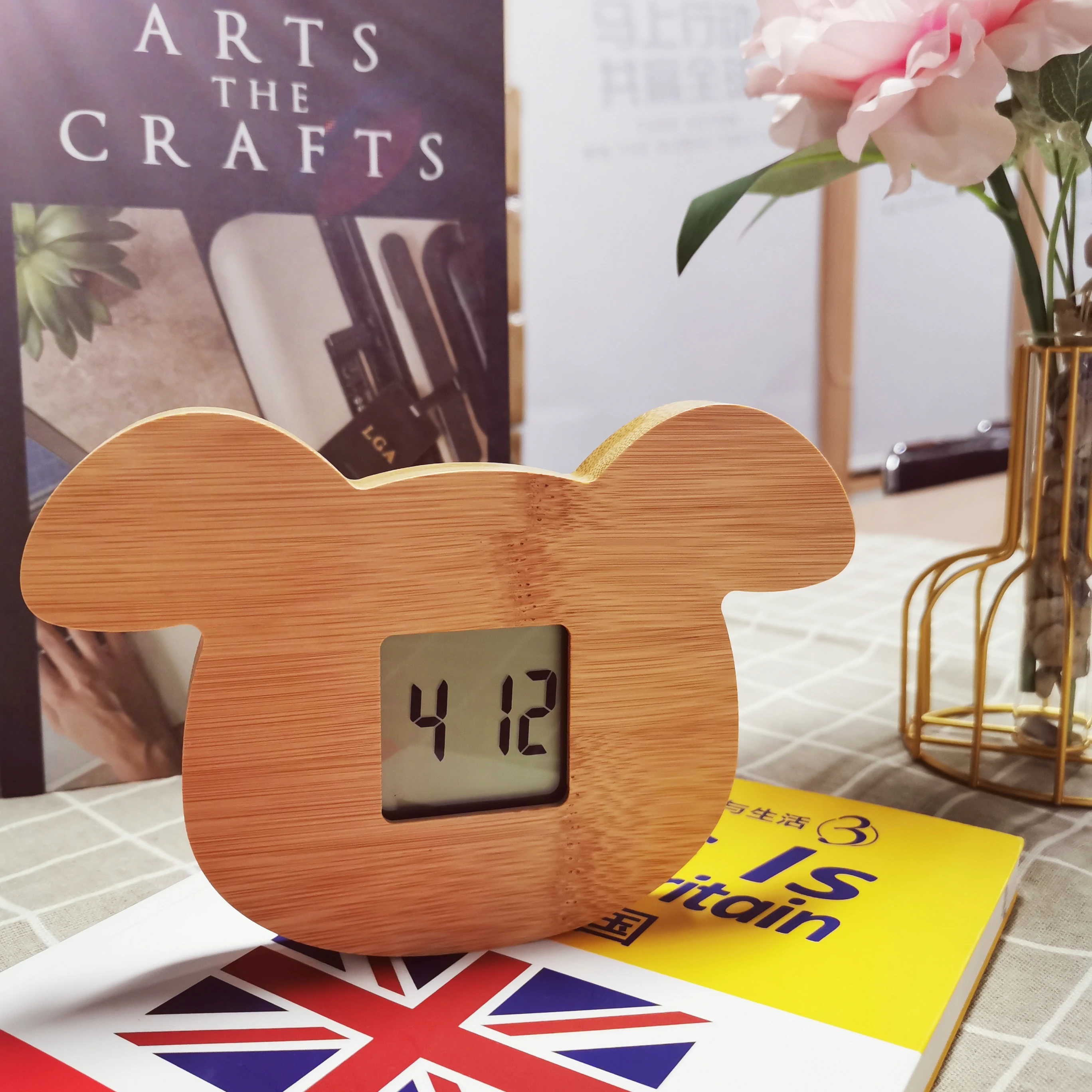 Natural Creative Cartoon Animal Design Desktop Dog Shaped Wooden Digital Alarm Clock