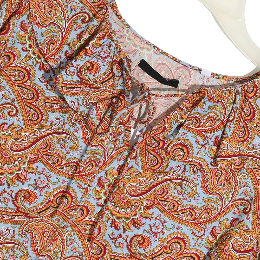 
New fashion half sleeve elegant vintage latest paisley printed design ruffled neck ladies short blouse style shirt 
