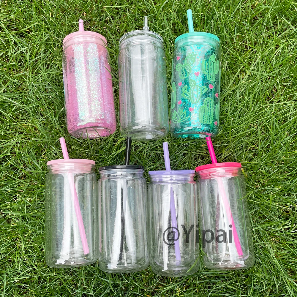 USA warehouse 12oz snow globe plastic beer can cups double wall plastic can for snow globe and UV DTF wraps with silicone plug