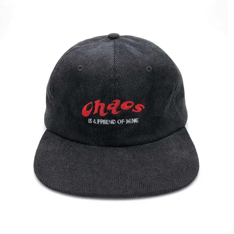 
custom 6 panel flat brim unstructured corduroy hat with leather strap 