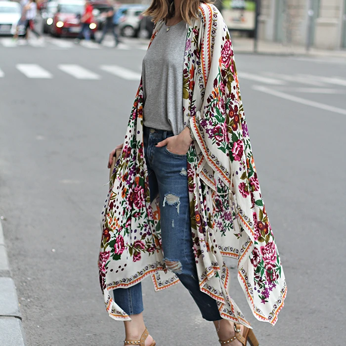 Women Casual Floral Short Sleeve Shawl Chiffon Kimono Cover Up Blouse Top Boho Cardigan Vintage Floral Print Blouse kimono