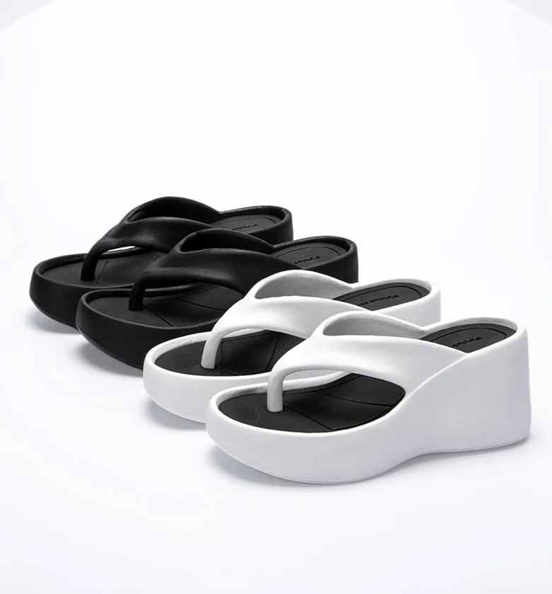 Summer outdoor beach EVA thick sole black  white wedge flip flops slippers for women and ladies