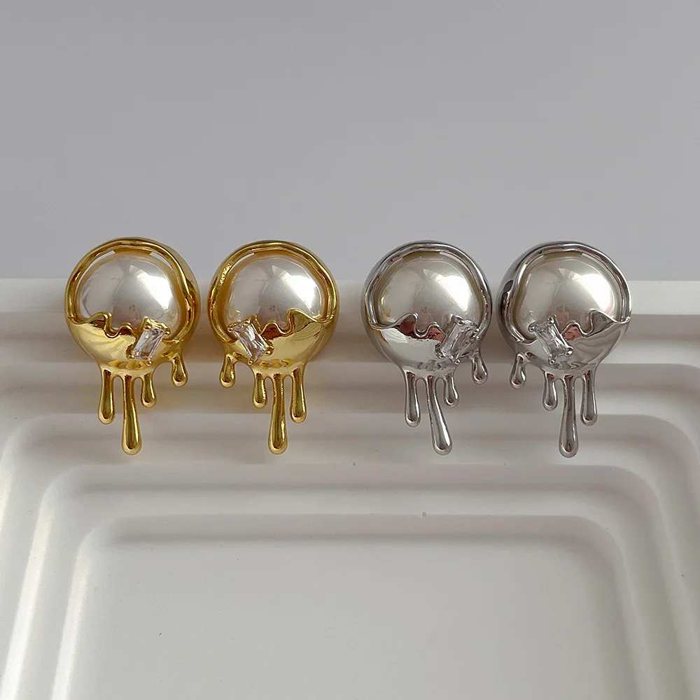 Wholesale Gold Plating High Polished CZ Round Pearl Earrings Popular 925 Silver Pins Diamond Pearl Stud Earrings