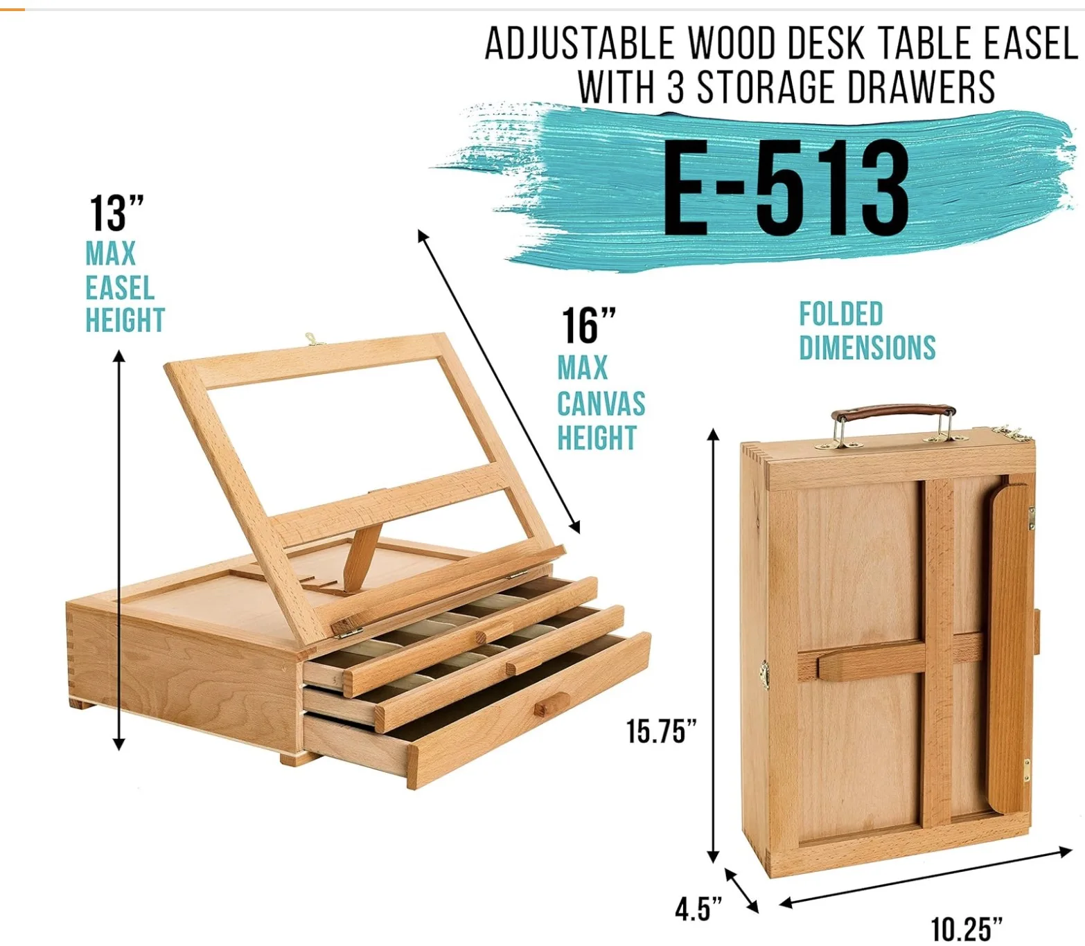 Adjustable Wooden 3-Drawer Storage Box Easel, Premium Beechwood - Portable Wood Artist Desktop Case
