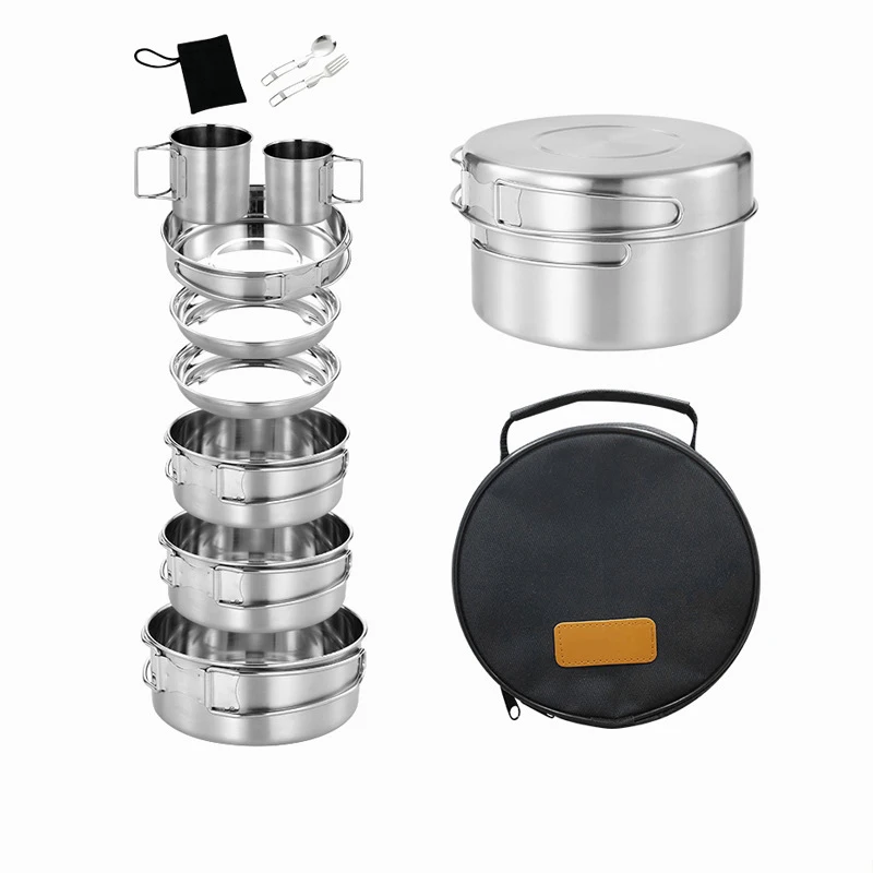 Outdoor Lightweight Stackable Portable Stainless Steel Camping Hiking Picnic Cookware Pots Pans Plate Set